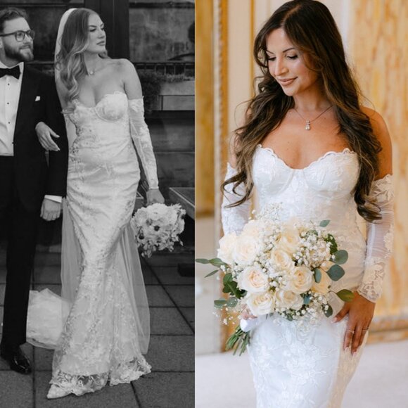 House of CB Isabelle White Lace Off Shoulder Long‎ Sleeve Wedding Dress Gown M - Picture 15 of 15